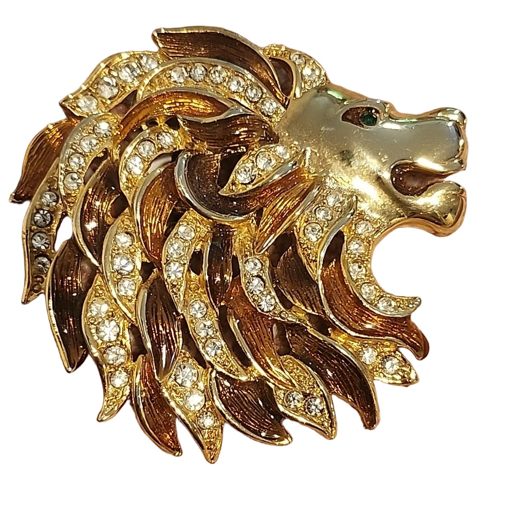 MGM Lion Head Cat Scarf ring Rhinestones Gold Tone Metal brown Enamel CRAFT